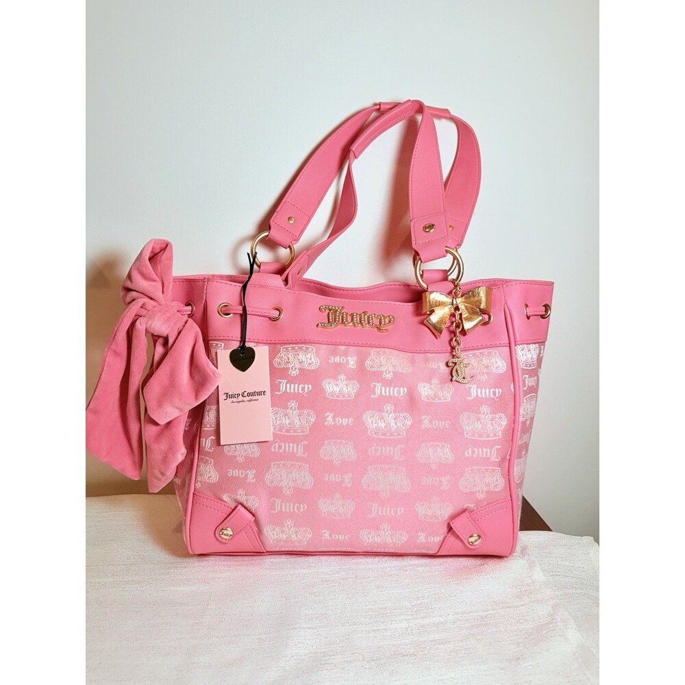 NWT  Juicy Couture Vintage Daydreamer Tote Purse Bag Crowns Pink Lemonade Gold